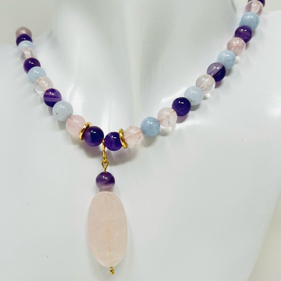 Amethyst and quartz bead necklace + earrings and bracelet - Picture 2 of 7